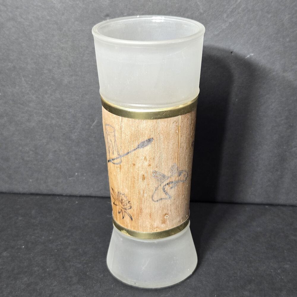Siesta Ware‎ Tall White Frosted Tiki Highball Glass Mahogany Wood Bar Ware VTG